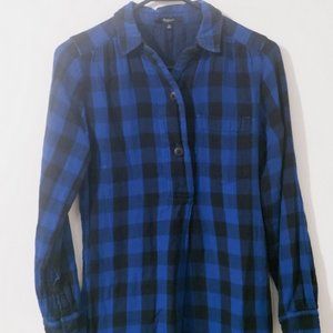 Madewell Blue and Black Buffalo Check Plaid Flannel Shirt Dress Popover Collar